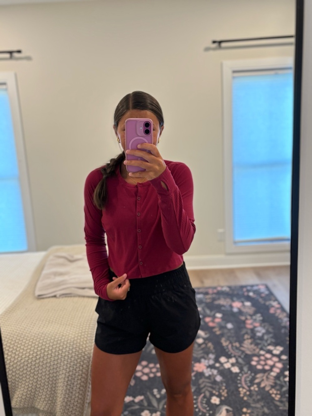 YPB by Abercrombie Women's Long-Sleeve Button Ribbed Top - Burgundy